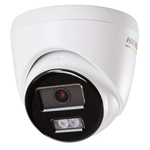 A white dome-shaped security camera with a black faceplate, featuring a lens and two LED lights. The camera is designed for ceiling mounting and has a sleek, modern appearance.