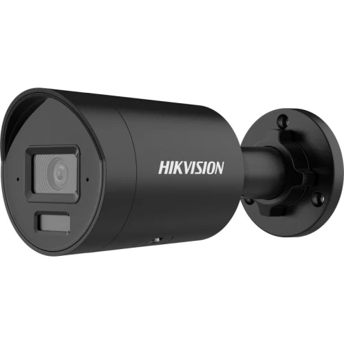 The image shows a sleek, black Hikvision IP camera with a cylindrical design and a sturdy mounting bracket. It features a prominent lens and a compact form, suitable for outdoor surveillance.