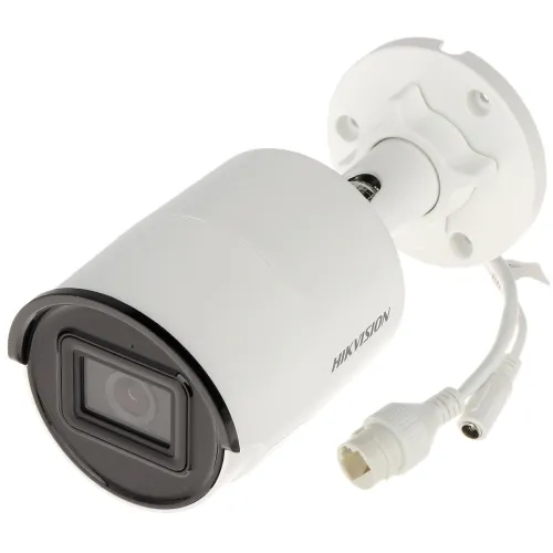 Outdoor Hikvision IP camera with a sleek white cylindrical design and a black front face. Features include a weather-resistant casing and integrated cables for power and connectivity.