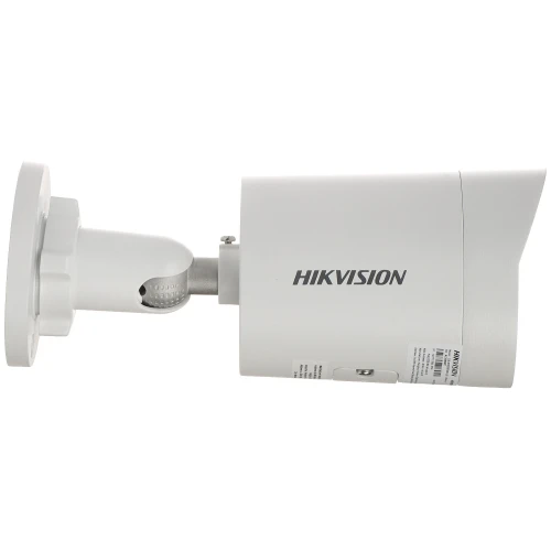 The image shows a Hikvision IP camera with a sleek, cylindrical design and a white finish. It features a sturdy mounting bracket for secure installation and is suitable for outdoor surveillance.