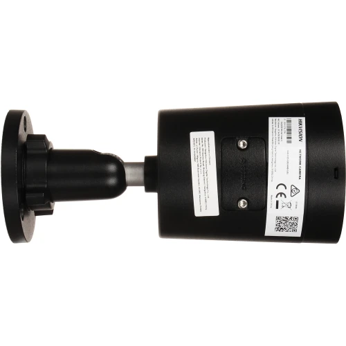 The image shows a black Hikvision IP camera with a cylindrical design, featuring a mounting bracket for easy installation. The camera has visible labels and a QR code on its side, indicating technical specifications and compliance information.