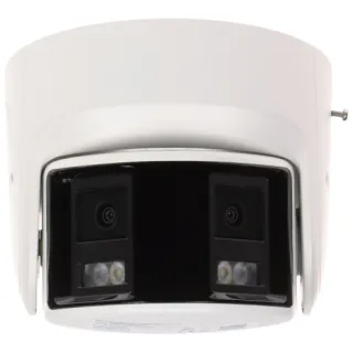 A white, dual-lens panoramic IP camera with a sleek, rectangular design and integrated LED lights for enhanced visibility. The camera features advanced AcuSense technology for precise motion detection and high-resolution 4 MP imaging.