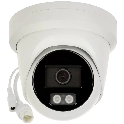 The image shows a Hikvision ColorVu IP camera with a sleek white dome design and a black circular face featuring a prominent lens and two LED lights. It includes two connected cables for power and data transmission, highlighting its functionality for enhanced security monitoring.