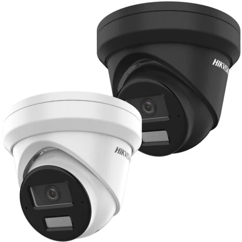 The image shows two dome-shaped security cameras, one in white and the other in black, featuring a sleek design with a prominent lens and infrared sensor. These cameras are designed for outdoor surveillance, offering advanced monitoring capabilities.