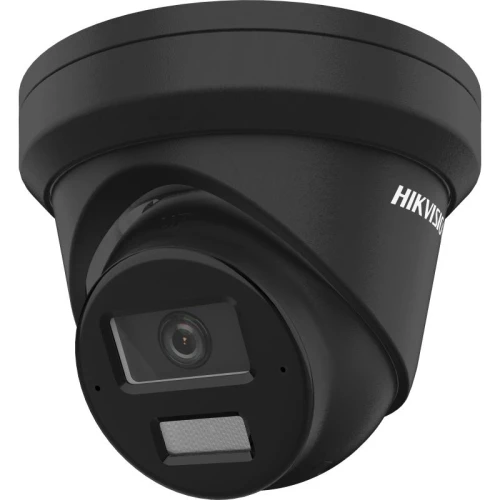 A sleek black dome-shaped security camera with a modern design, featuring a prominent lens and infrared sensor for enhanced night vision. The camera is branded with the Hikvision logo, indicating high-quality surveillance technology.