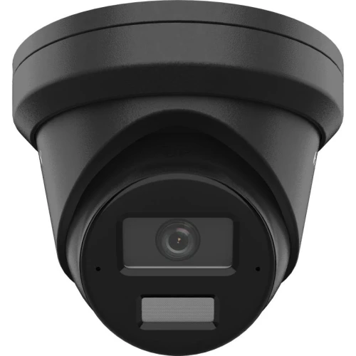 A sleek, black dome-shaped IP camera designed for outdoor surveillance with a prominent lens and infrared sensor. The camera features a durable housing suitable for various weather conditions.