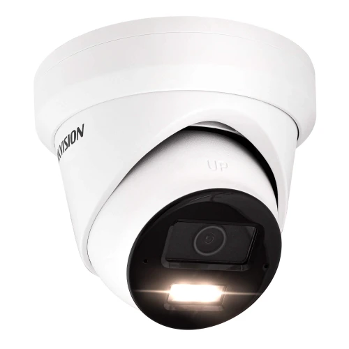 The image shows a sleek, white dome-shaped security camera with a black lens area and an integrated LED light. The camera is designed for ceiling mounting and features a modern, compact design suitable for indoor and outdoor surveillance.
