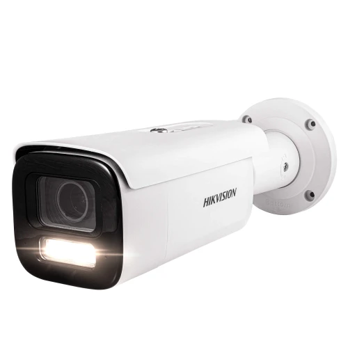 The image shows a white Hikvision IP camera with a sleek, modern design and a prominent lens. It features a built-in light for enhanced visibility and is mounted on a sturdy base for secure installation.