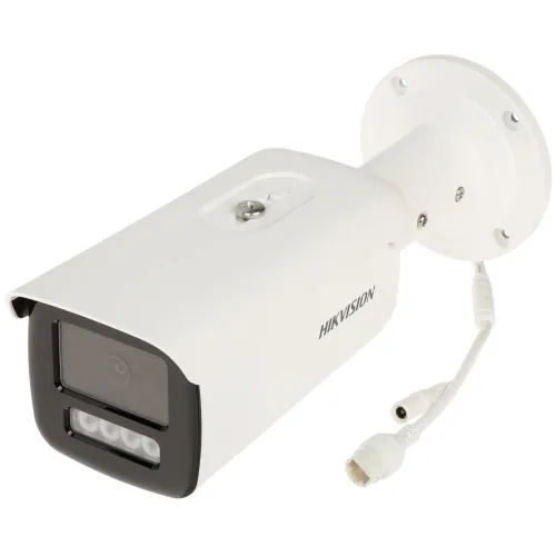 A white Hikvision security camera with a sleek, rectangular design features a black front panel and multiple LED lights. It includes a mounting bracket and a cable with connectors for easy installation.