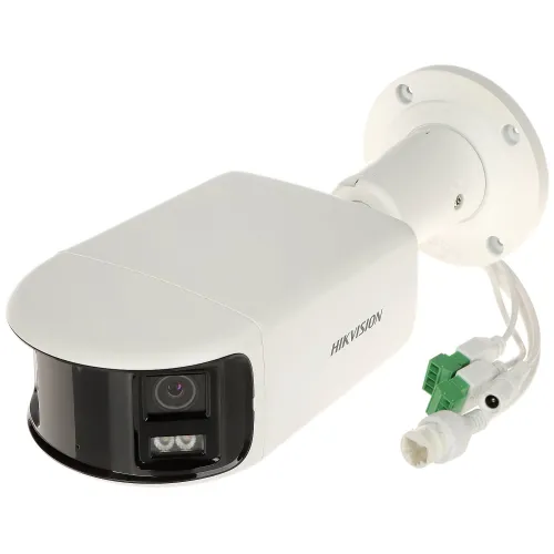 A white, bullet-style IP camera with a sleek design features a panoramic lens and advanced AcuSense technology for enhanced security. The camera includes multiple connectors for easy installation and integration.
