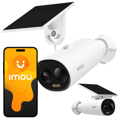 The image features a sleek, white Imou Cell 3C AIoT security camera with a solar panel attachment for sustainable power. Accompanying the camera is a smartphone displaying the Imou app interface, highlighting its smart connectivity features.