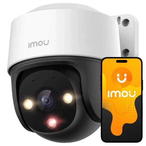 The image shows a sleek, modern Imou IP camera with a white and black design, featuring multiple lenses and LED lights for enhanced security. Next to the camera, a smartphone displays the Imou app interface, highlighting its connectivity and remote monitoring capabilities.