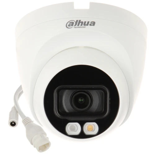 A white dome-shaped security camera with a black lens area and two LED lights is shown, featuring a cable with connectors for installation. The camera is branded with the Dahua Technology logo on its surface.