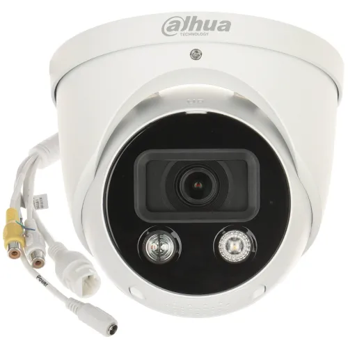The image shows a Dahua Technology dome-shaped IP camera with a sleek white exterior and multiple connection cables. It features a prominent lens and two LED lights, designed for high-resolution surveillance and full-color night vision.