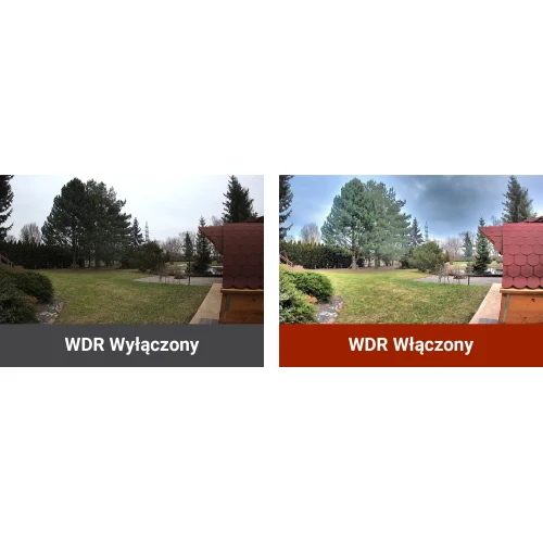 Comparison of two images showing the effect of Wide Dynamic Range (WDR) on outdoor video quality, with the left image appearing darker and less detailed, and the right image brighter and more detailed. The images illustrate the enhanced clarity and color balance achieved with WDR enabled.