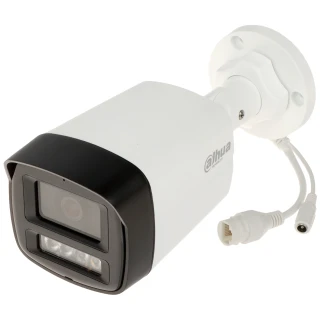 Outdoor security camera with a sleek white and black design, featuring a sturdy mounting bracket for easy installation. The camera includes multiple LED lights and connection cables for enhanced surveillance capabilities.