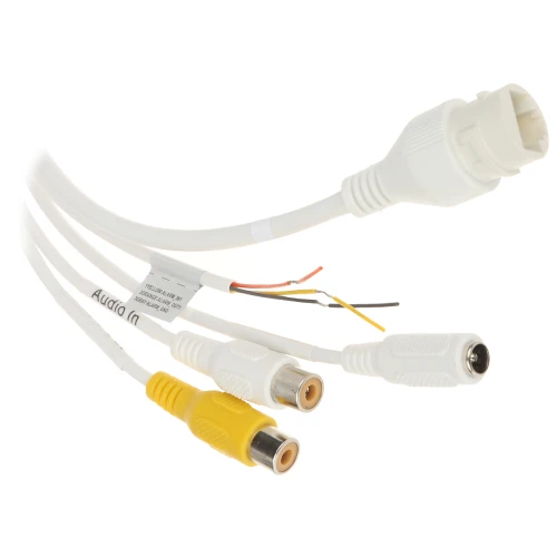 A set of white cables with various connectors, including RCA and power plugs, designed for audio and video transmission. The cables are neatly arranged, showcasing their different connection types for versatile use.