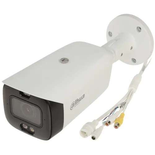 A white, bullet-style security camera with a black front panel and multiple connection cables is shown. The camera features a sturdy mounting bracket and is designed for outdoor surveillance.