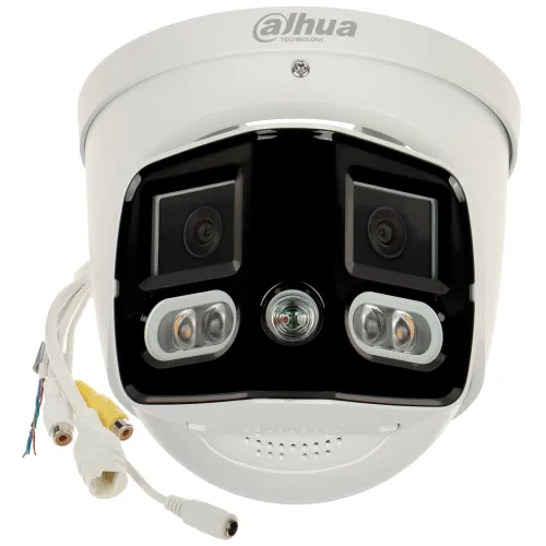 A white, dome-shaped security camera with dual lenses and integrated LED lights designed for panoramic surveillance. The camera features multiple connection cables for versatile installation options.