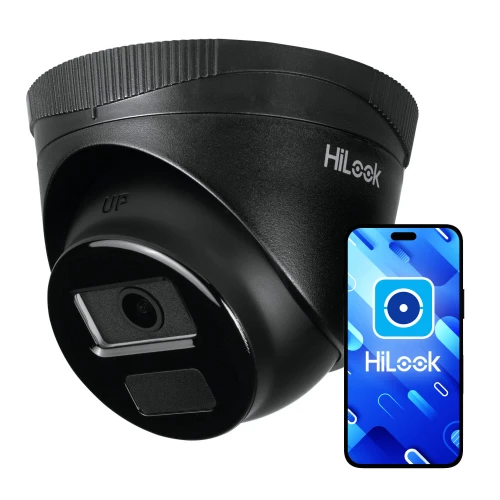 A sleek black dome-shaped IP camera with a modern design, featuring the HiLook logo prominently displayed. The image also includes a smartphone screen showing the HiLook app interface, emphasizing connectivity and smart features.