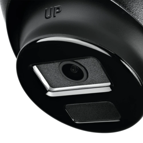 Close-up of a sleek black IP camera with a glossy finish, featuring a prominent lens and an "UP" indicator. The design emphasizes modern aesthetics and functionality for security purposes.