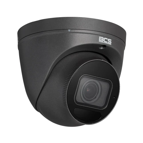 A sleek, black dome-shaped IP camera with a prominent lens and the BCS logo on the side. The camera is designed for high-resolution surveillance and features a modern, compact design.