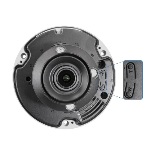 The image shows a dome-shaped IP camera with a 5MP resolution, featuring a sleek black and silver design. The camera includes an adjustable lens and a close-up of a control switch for easy configuration.