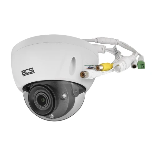 Dome-shaped IP camera with a 5MP resolution, featuring a durable white casing and multiple connection cables. The camera lens is protected by a clear, rounded cover, suitable for both indoor and outdoor surveillance.