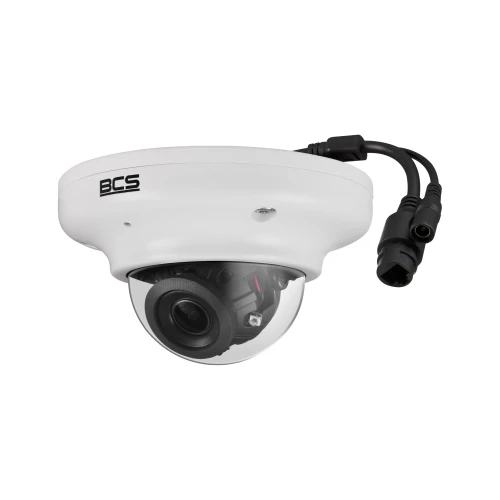 A white dome-shaped IP camera with a clear protective cover and visible lens, designed for security surveillance. The camera features multiple connection cables for power and data transmission.