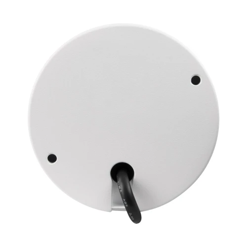 The image shows a white, dome-shaped IP camera with a sleek, minimalist design. It features a sturdy base with a cable extending from the bottom for connectivity.