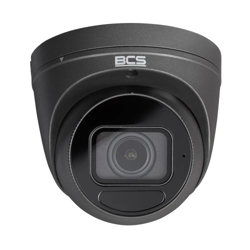 A sleek black dome-shaped IP camera with a prominent lens and the BCS logo on top. The camera is designed for high-resolution surveillance and features a modern, compact design.
