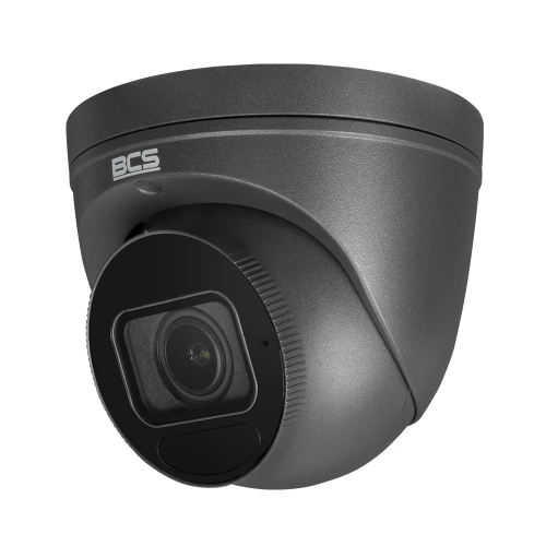 A sleek, dome-shaped IP camera with an 8MP resolution, featuring a modern black design and the BCS logo. The camera is designed for high-quality surveillance and security applications.
