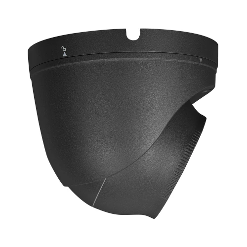 A sleek black dome-shaped IP camera with a modern design, featuring a durable housing for outdoor use. The camera is equipped with advanced technology for high-resolution video capture.