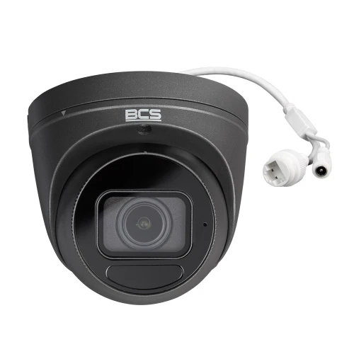 A sleek, black dome-shaped IP camera with an 8MP lens designed for high-resolution surveillance. The camera features a durable exterior and is equipped with a cable for connectivity.