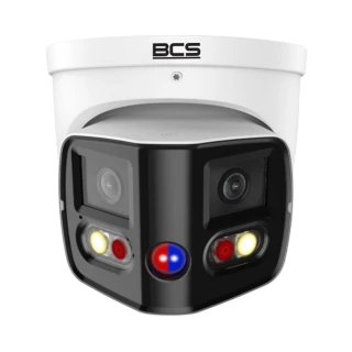 A dome-shaped IP camera with an 8MP resolution, featuring dual lenses and LED lights for enhanced night vision. The camera has a sleek black and white design with the BCS logo on top.