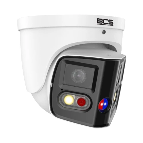A white dome-shaped IP camera with an 8MP resolution, featuring a sleek design and multiple lenses for enhanced surveillance. The camera includes LED lights for improved visibility in low-light conditions.