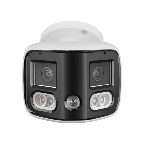 A dome-shaped IP camera with a sleek black and white design features multiple lenses and LED lights for enhanced surveillance. The camera is designed for high-resolution video capture, suitable for both indoor and outdoor security applications.