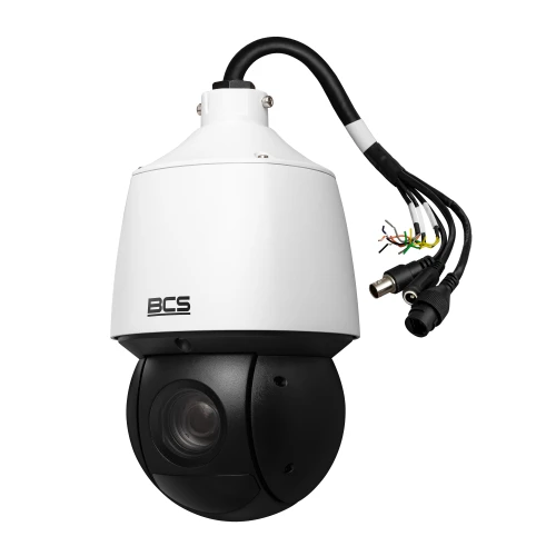 A white and black PTZ IP camera with a dome design, featuring multiple connection cables for versatile installation. The camera is designed for high-resolution surveillance with a sleek, modern appearance.