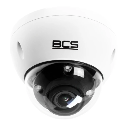 A white dome-shaped IP security camera with a clear protective cover and visible lens. The camera features the BCS logo on its exterior, designed for indoor or outdoor surveillance.