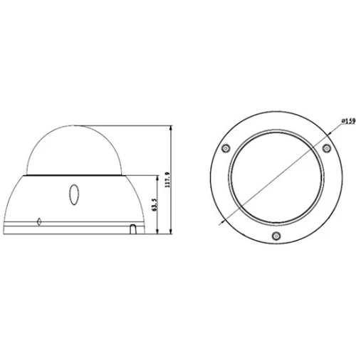 The image shows technical drawings of a dome-shaped IP network camera, highlighting its dimensions and design. The side view illustrates the camera's height and profile, while the top view displays its circular base with mounting points.