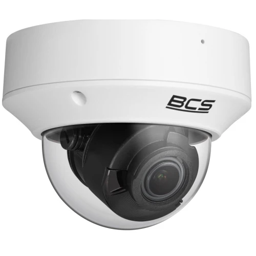 A white dome-shaped IP security camera with a black lens and the BCS logo on the side. The camera is designed for surveillance, featuring a sleek and durable exterior.