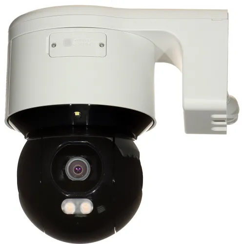 Outdoor high-speed dome IP camera with a sleek black and white design, featuring advanced motion detection technology. Equipped with a powerful lens and built-in LED lights for enhanced night vision capabilities.