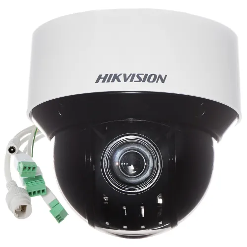 Outdoor PTZ IP camera with a sleek black and white design, featuring a prominent lens for high-resolution surveillance. Includes multiple connection cables for versatile installation options.