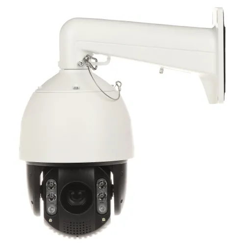 Outdoor high-speed dome IP camera with a sleek white housing and advanced motion detection features. Equipped with multiple infrared LEDs for enhanced night vision and a robust mounting bracket for secure installation.