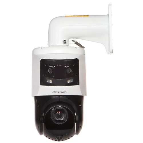 Outdoor high-speed PTZ camera with dual lenses and advanced night vision capabilities. Features a robust white housing designed for enhanced durability and weather resistance.