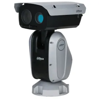 Outdoor PTZ camera with a sleek, modern design featuring a dual-lens system for enhanced surveillance capabilities. The camera is equipped with a robust mounting base and weather-resistant housing, ideal for various security applications.