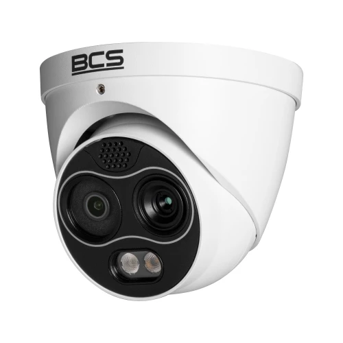 A white dome-shaped thermal IP camera with dual lenses and an infrared sensor, designed for enhanced security monitoring. The camera features a sleek design with the BCS logo prominently displayed on the top.