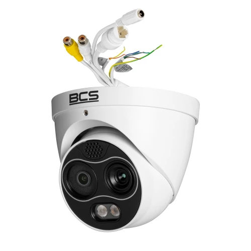 A white dome-shaped thermal IP camera with dual lenses and multiple connection cables is shown. The camera features a sleek design with the brand logo on the front, suitable for advanced security monitoring.