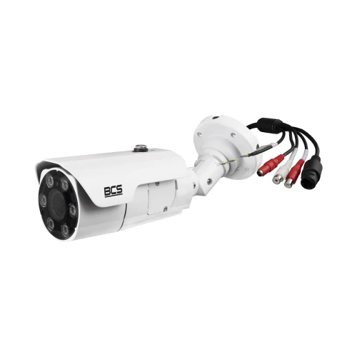 A white, bullet-style IP camera with multiple infrared LEDs for night vision and a sturdy mounting bracket. The camera features several connection cables for power and data transmission.