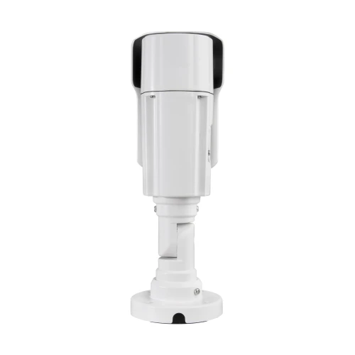 A white, cylindrical IP bullet camera with a sturdy mounting bracket designed for outdoor surveillance. The camera features a sleek, modern design with adjustable angles for optimal positioning.